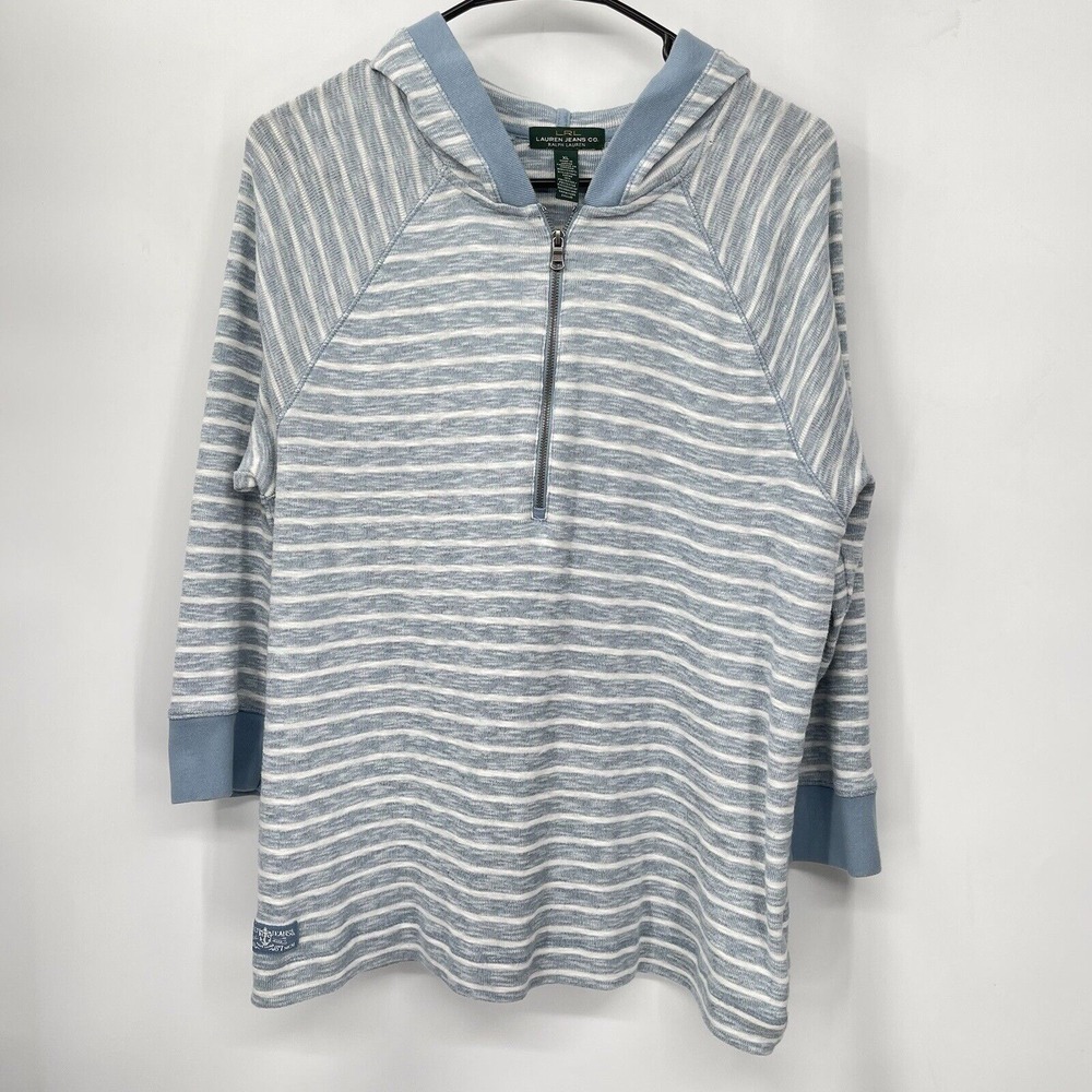 Lauren Ralph Lauren XL Hoodie Womens Blue White Striped Quarter Zip Pullover